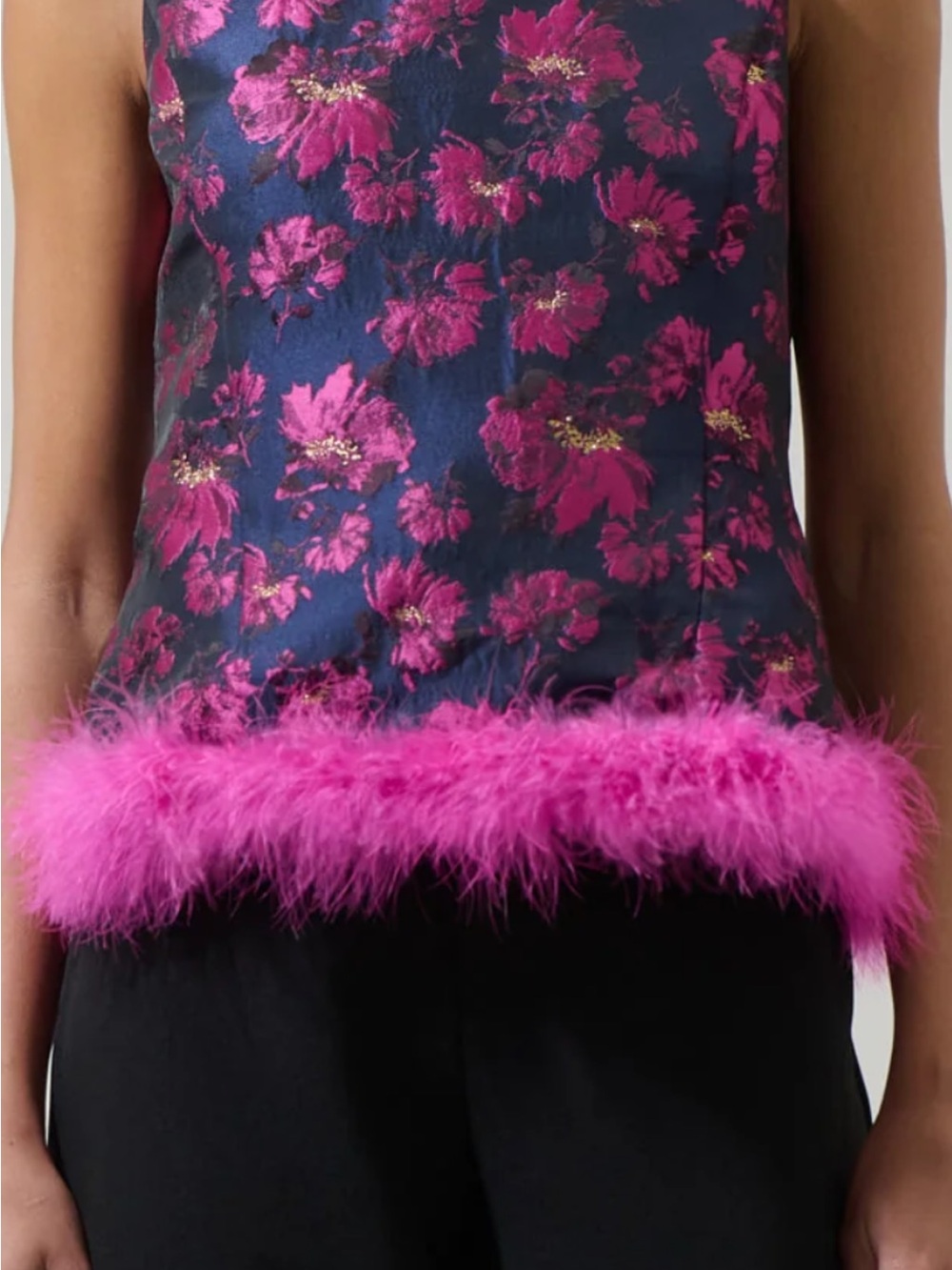 Sugarlips Navy Floral Tank with Hot Pink Feather Trim